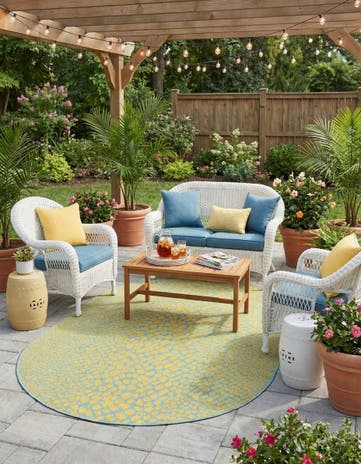 Yellow and Aqua Easy-Clean Jill Zarin Cape Town Indoor / Outdoor Oval Rug