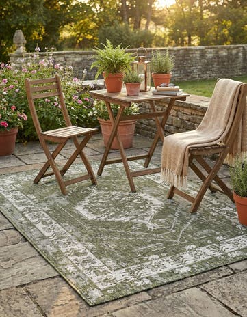 Green Easy-Clean Traditional Indoor / Outdoor Rug