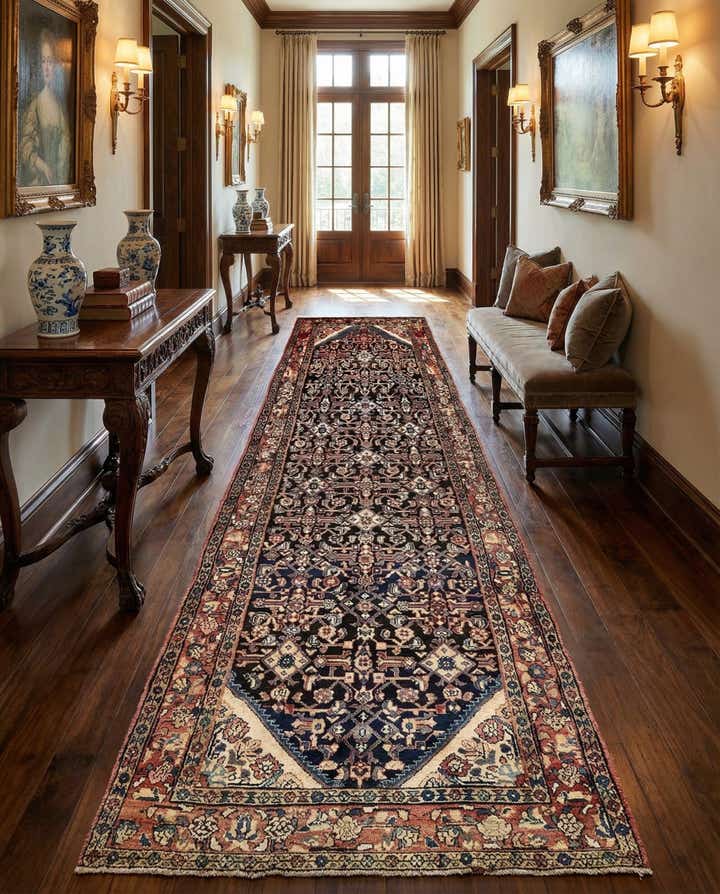 4' 3 x 9' 11 Hand Knotted Hossainabad Persian Wool Runner Rug