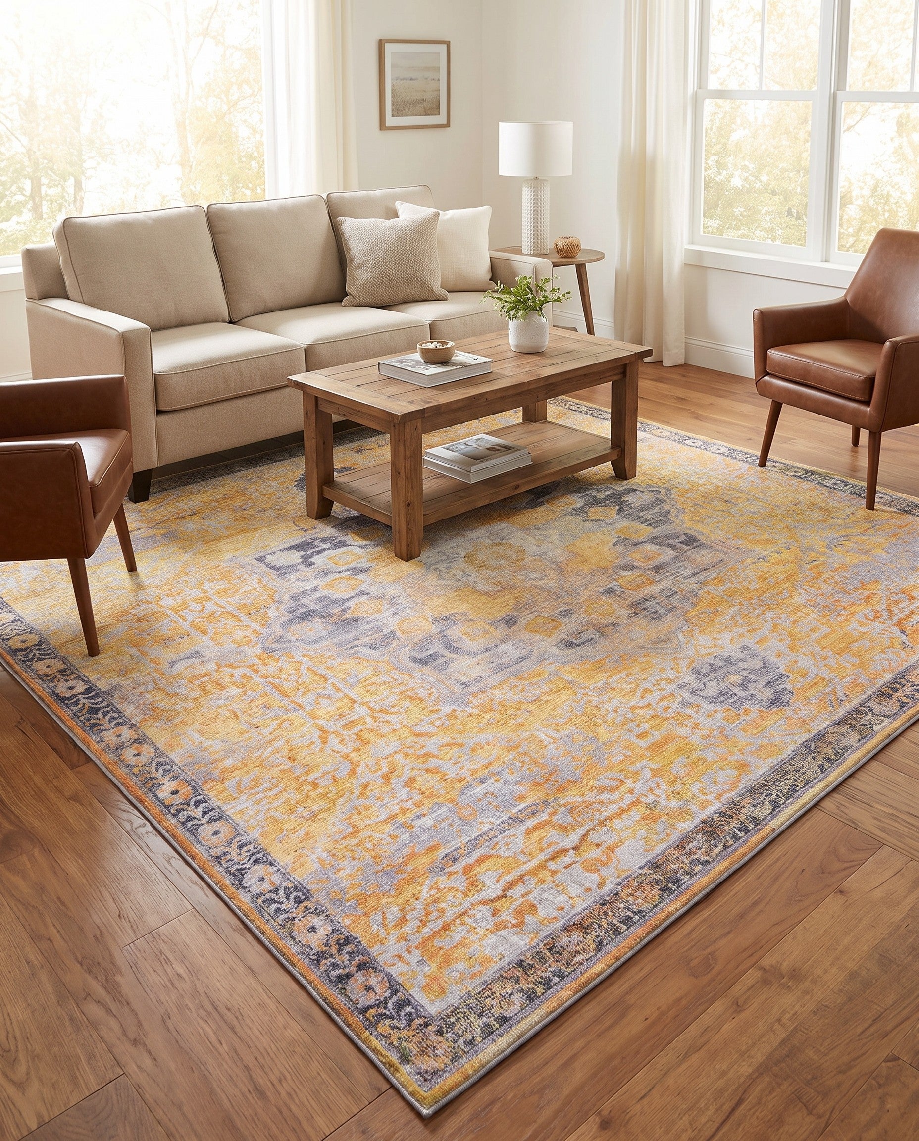 Tuscan Yellow Washable Renaissance Square Rug