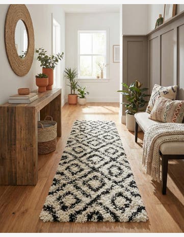 White and Black Lattice Shag Runner Rug