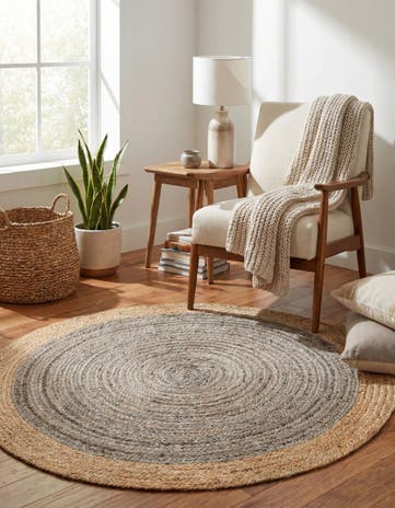 Gray Brown Handmade Braided Jute Round Rug