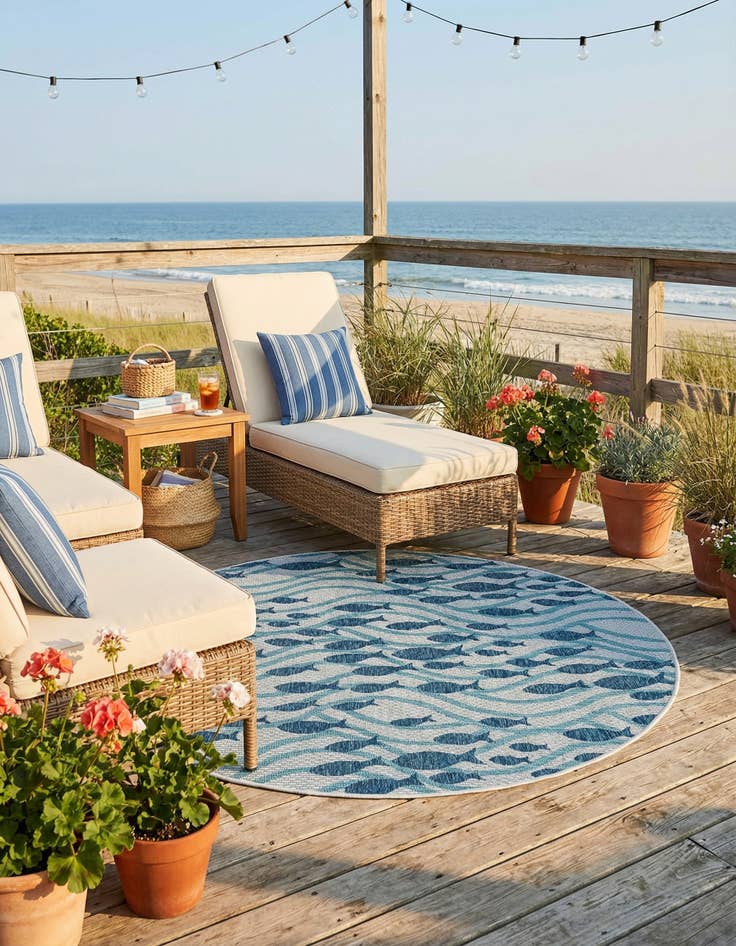 Detail image of 6' 1 x 6' 1  Washable Coastal Indoor / Outdoor Round Rug