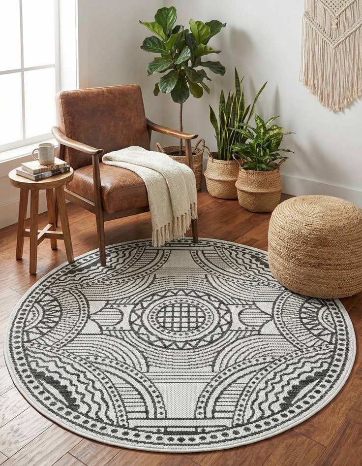 Detail image of 3' 1 x 3' 1  Washable Traditional Indoor / Outdoor Round Rug