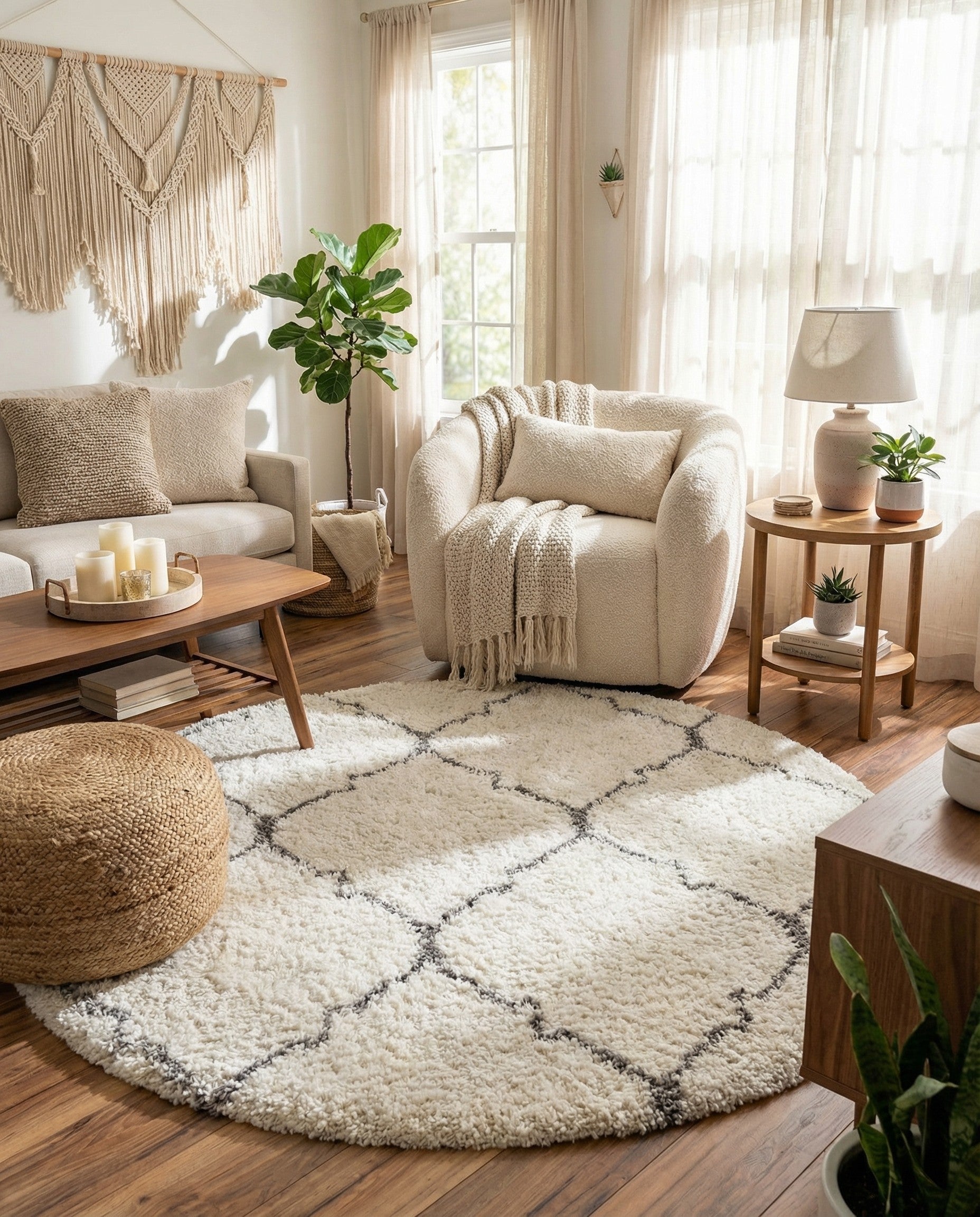 A round, cream-colored shag rug with a dark gray trellis pattern, offering a soft, textured feel.