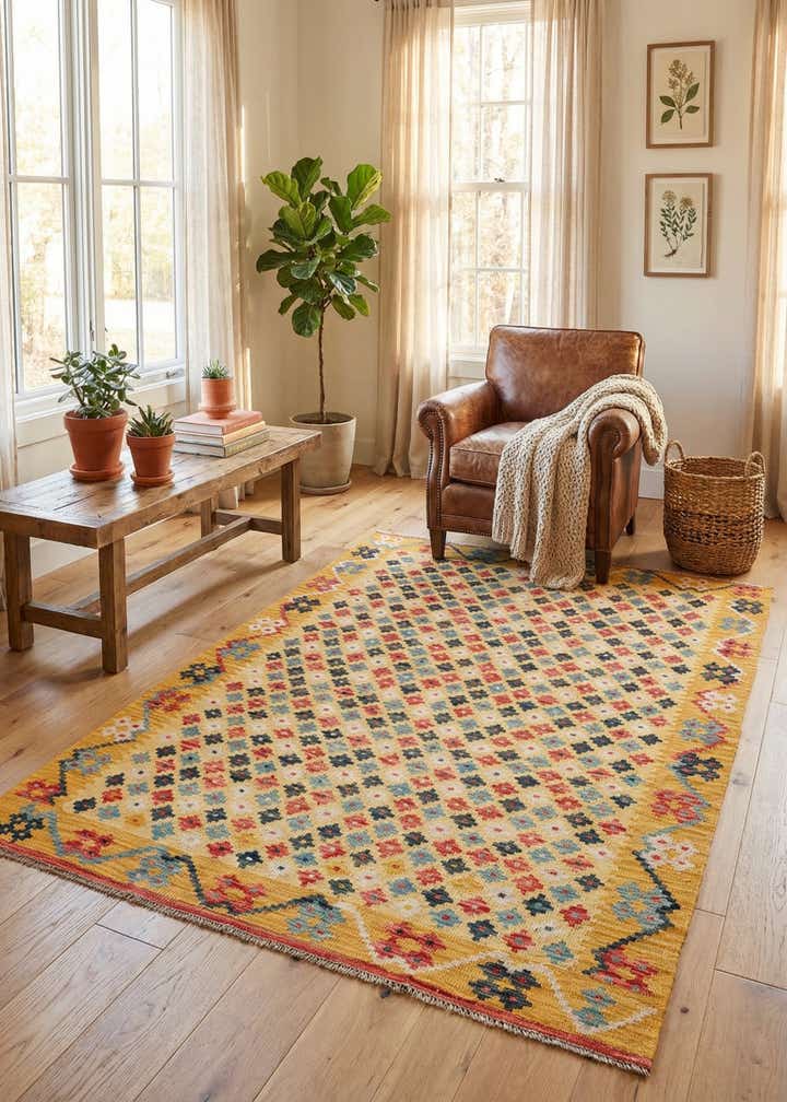 4' 3 x 5' 10 Hand Woven Kilim Maymana Wool Rug