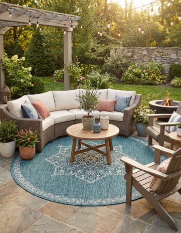 Teal Easy-Clean Traditional Indoor / Outdoor Round Rug