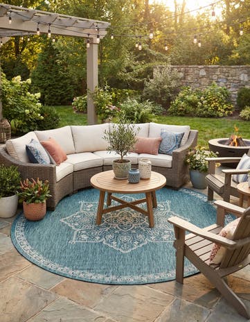 Teal Easy-Clean Traditional Indoor / Outdoor Round Rug
