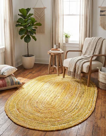 Yellow Orange Handmade Braided Chindi Oval Rug