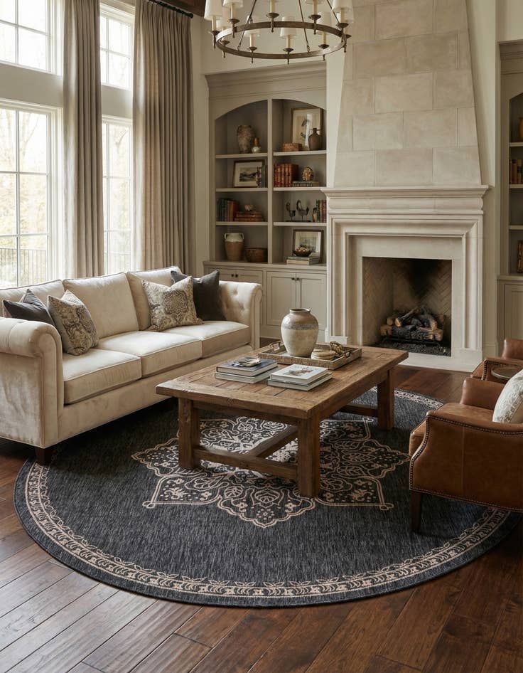 Detail image of 13' x 13'  Washable Traditional Indoor / Outdoor Round Rug