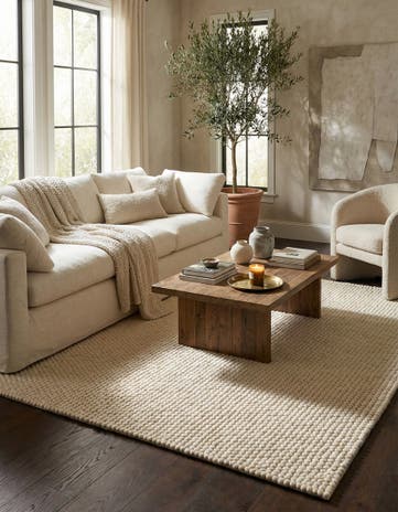 Ivory Hand Woven Felt Ball Wool Rug