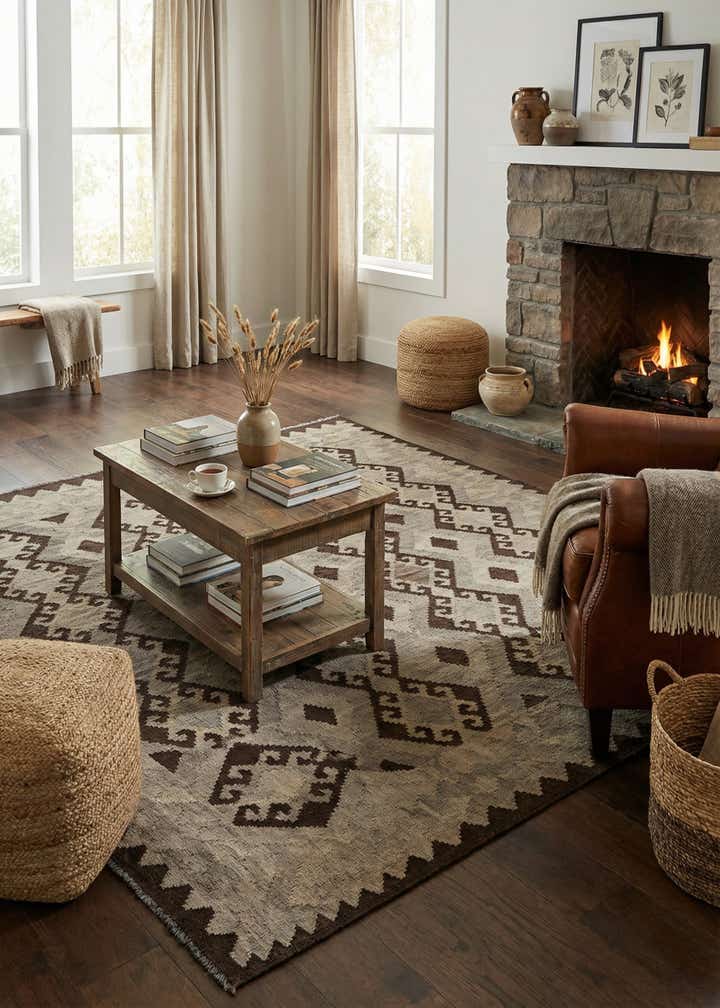 5' 2 x 6' 11 Hand Woven Kilim Maymana Wool Rug