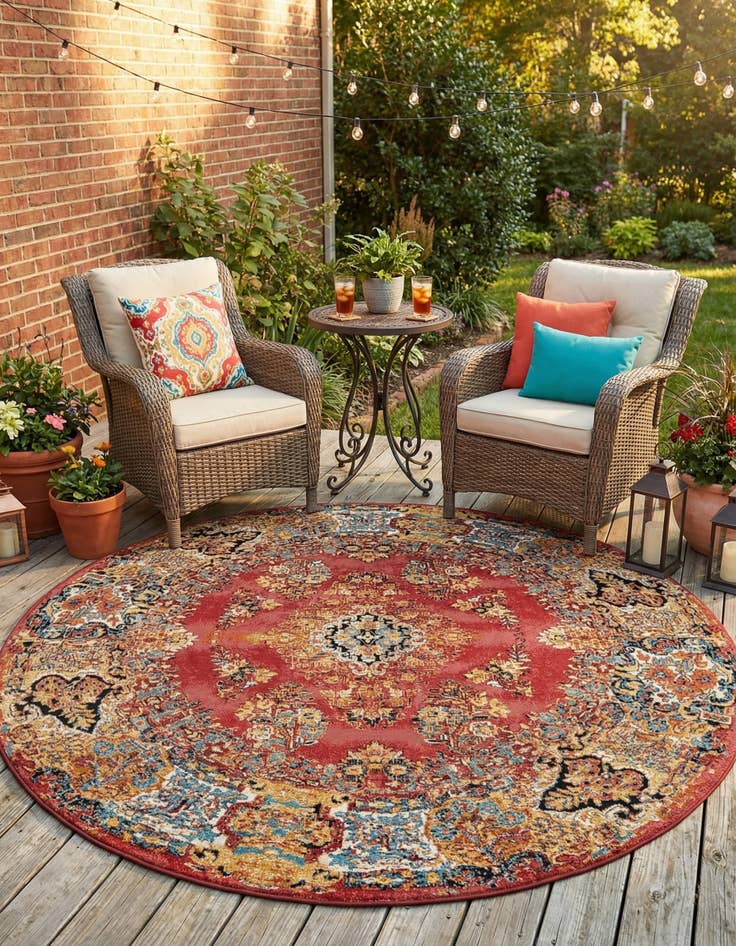 Detail image of 7' 10 x 7' 10  Washable Traditional Indoor / Outdoor Round Rug