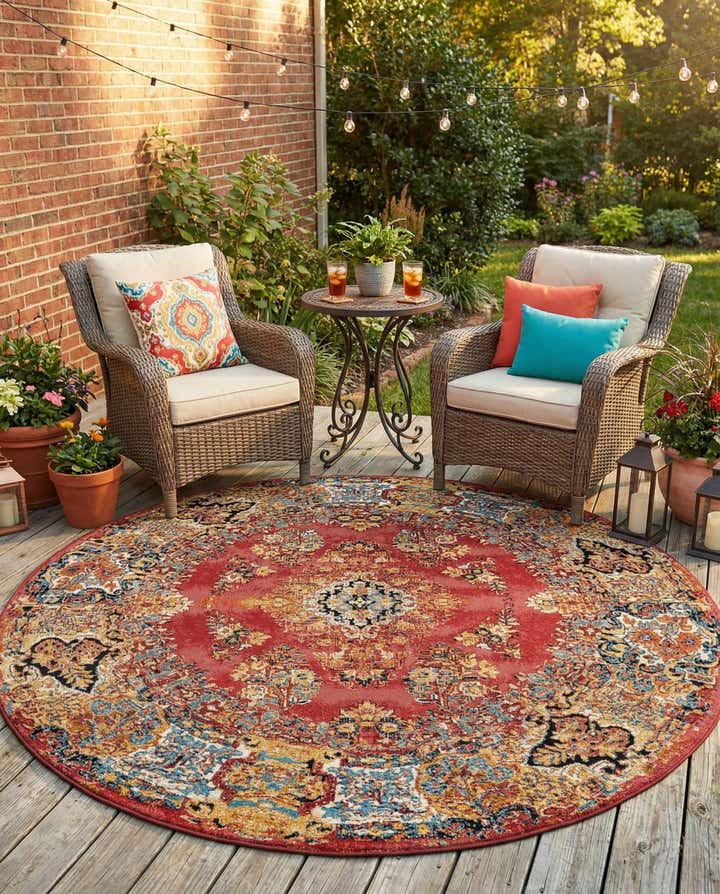 7' 10 x 7' 10 Easy-Clean Traditional Indoor / Outdoor Round Rug