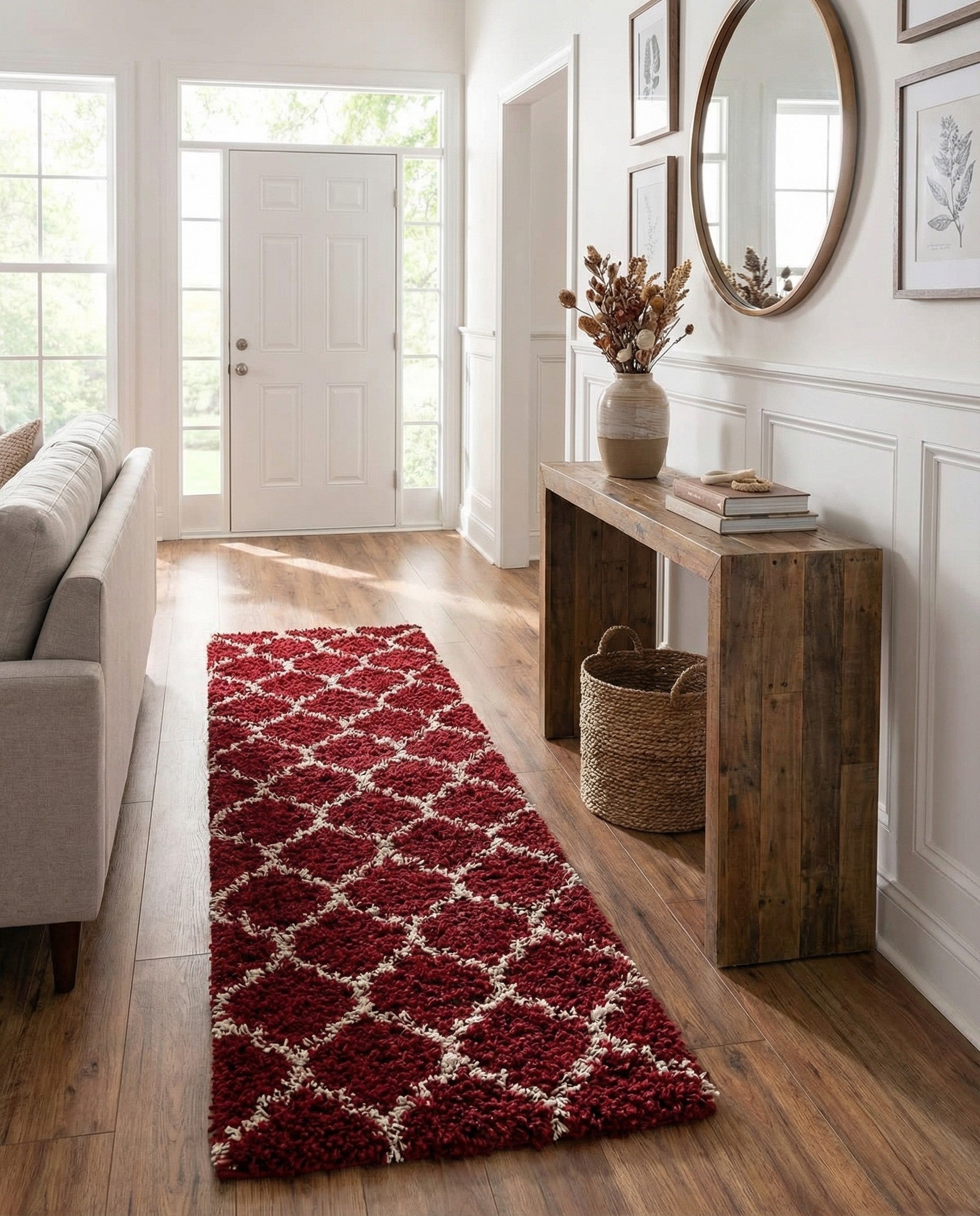 A long 16 ft runner rug in deep red with a raised white lattice pattern, showcasing its textured, high-low pile.