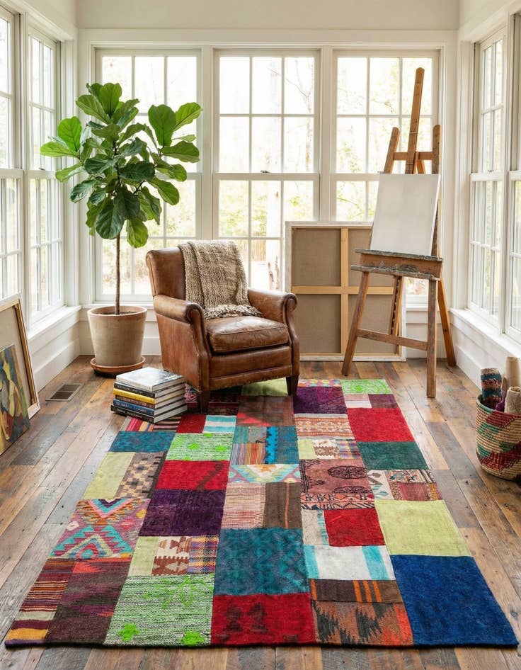 Detail image of  4' 3 x 6'  Hand Woven Kilim Patchwork Wool Rug