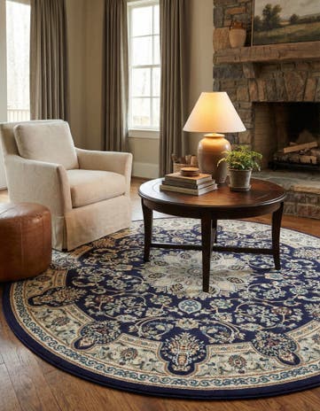 Navy Blue Nain Design Round Rug