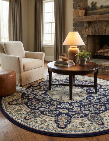 Navy Blue Nain Design Round Rug