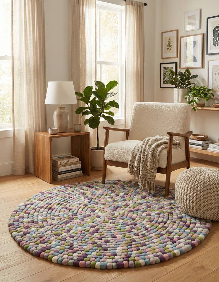 Detail image of 5' 1 x 5' 1 Felt Ball Wool Round Rug