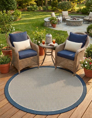 Navy Blue Easy-Clean Border Indoor / Outdoor Round Rug