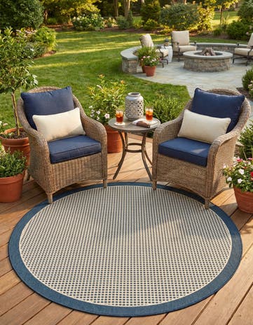 Navy Blue Easy-Clean Border Indoor / Outdoor Round Rug