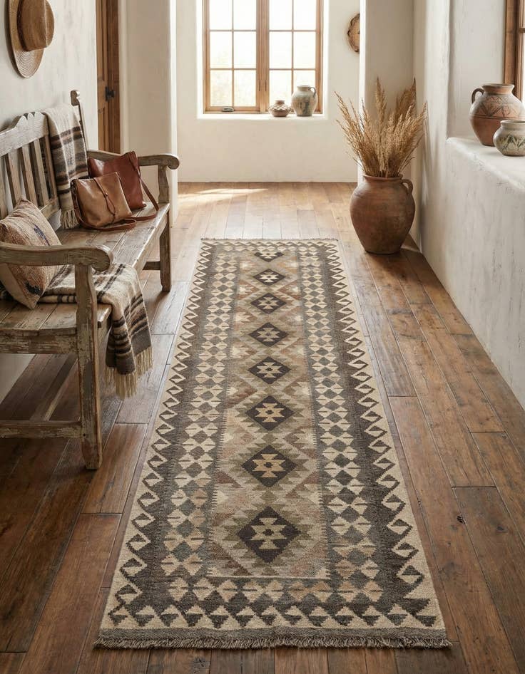 Detail image of 2' 8 x 9' 6 Hand Woven Kilim Maymana Wool Runner Rug
