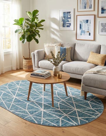 Blue Lattice Trellis Oval Rug