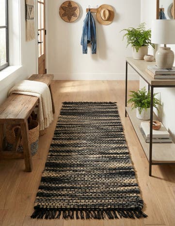 Navy Blue and Ivory Hand Woven Chunky Jute Runner Rug