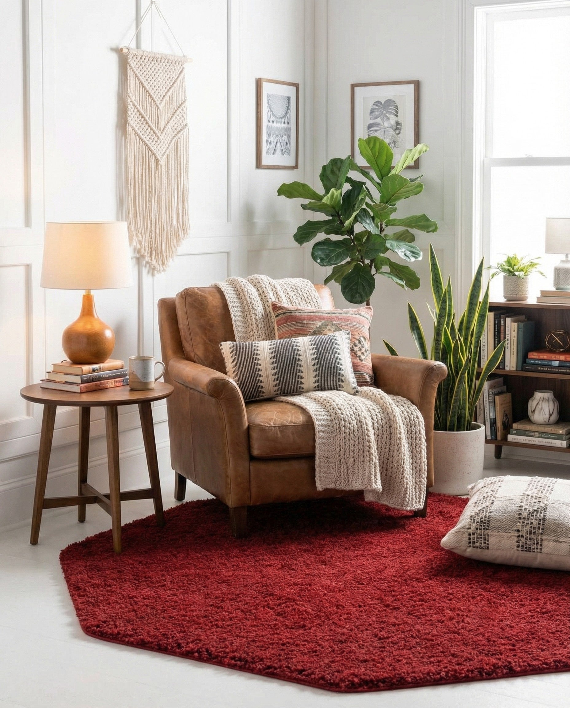 A plush, solid red 6' 0 x 6' 0 octagon shag rug, perfect for adding warmth to any indoor space.