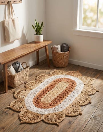 Natural White Orange Pink Handmade Braided Jute Oval Rug