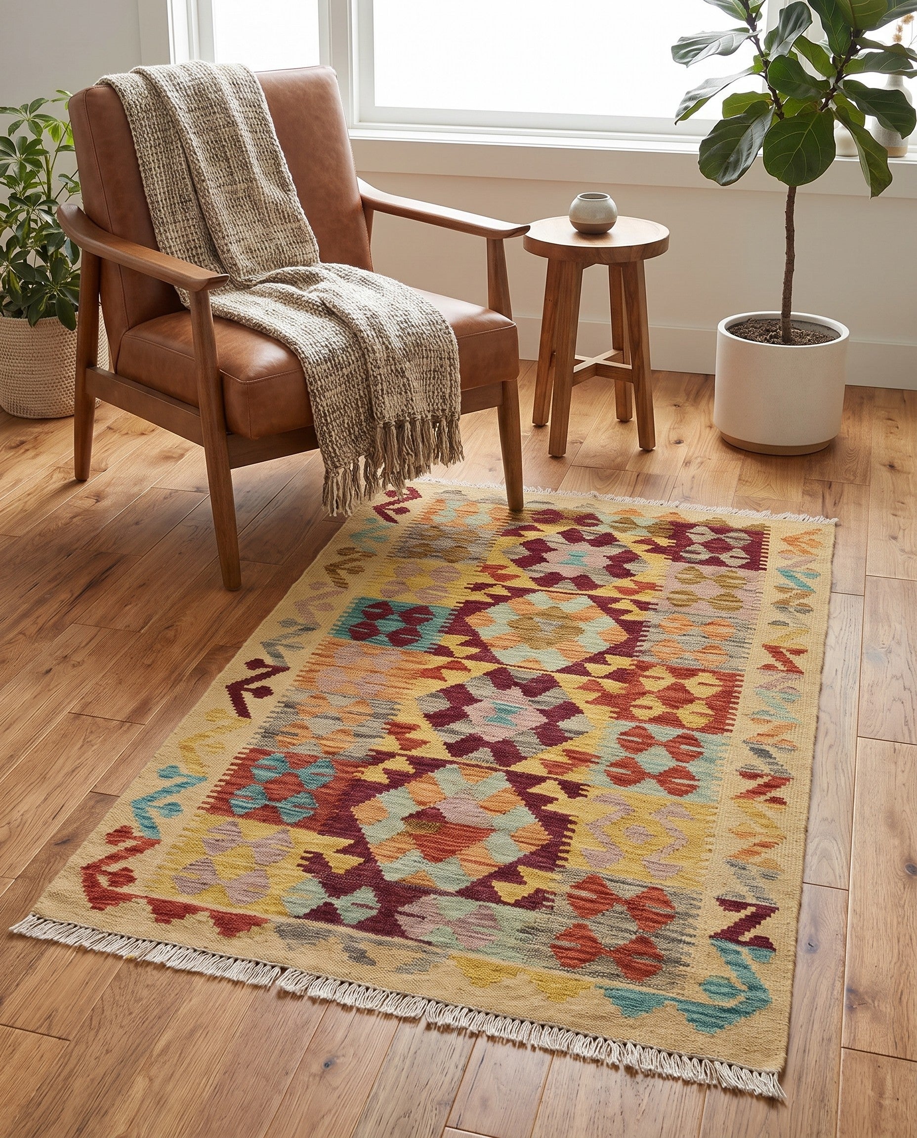 2' 7 x 4' 2 Hand Woven Kilim Maymana Wool Rug