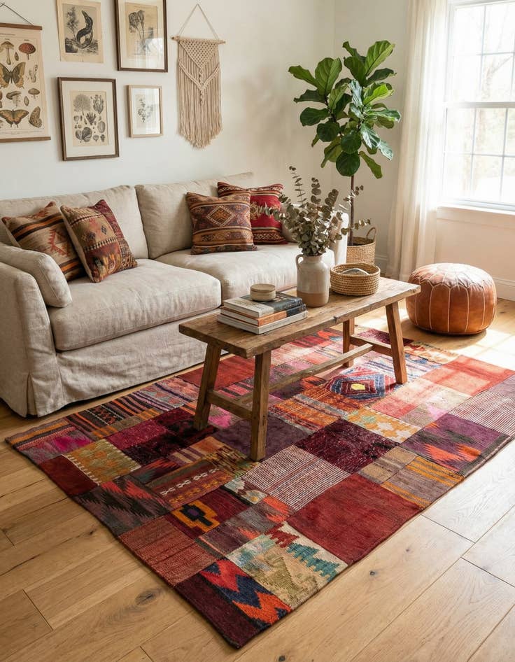 Detail image of 4' x 5' 11  Hand Woven Kilim Patchwork Wool Rug