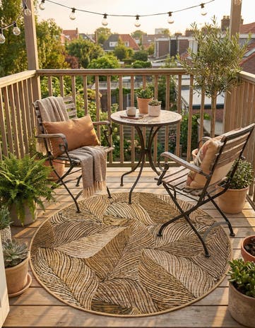 Brown and Beige Easy-Clean Botanical Indoor / Outdoor Round Rug