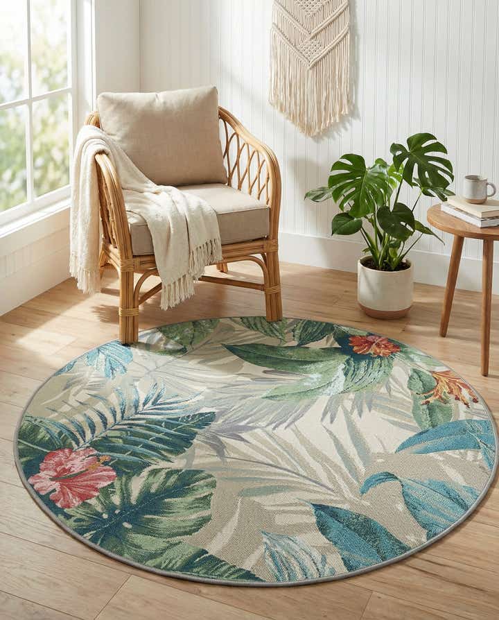 4' x 4' Easy-Clean Botanical Indoor / Outdoor Round Rug