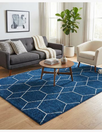 Navy Blue Lattice Frieze Rug