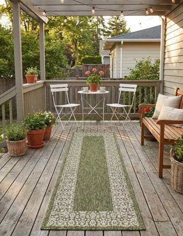 Green Easy-Clean Border Indoor / Outdoor Runner Rug