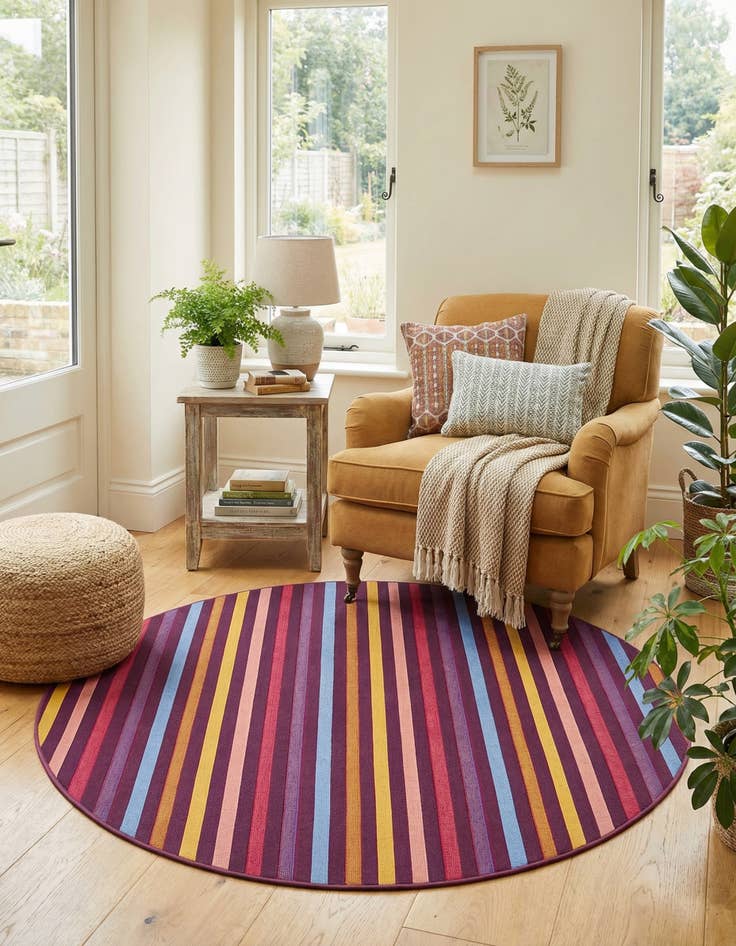 Detail image of 6' x 6'  Washable Striped Indoor / Outdoor Round Rug