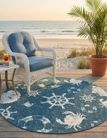 Navy Blue Easy-Clean Coastal Indoor / Outdoor Round Rug