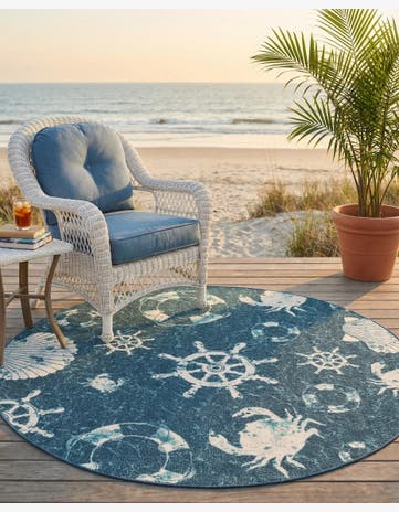 Navy Blue Easy-Clean Coastal Indoor / Outdoor Round Rug