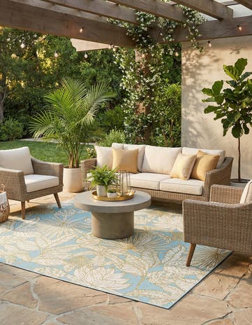 Soft Blue Easy-Clean Botanical Indoor / Outdoor Square Rug