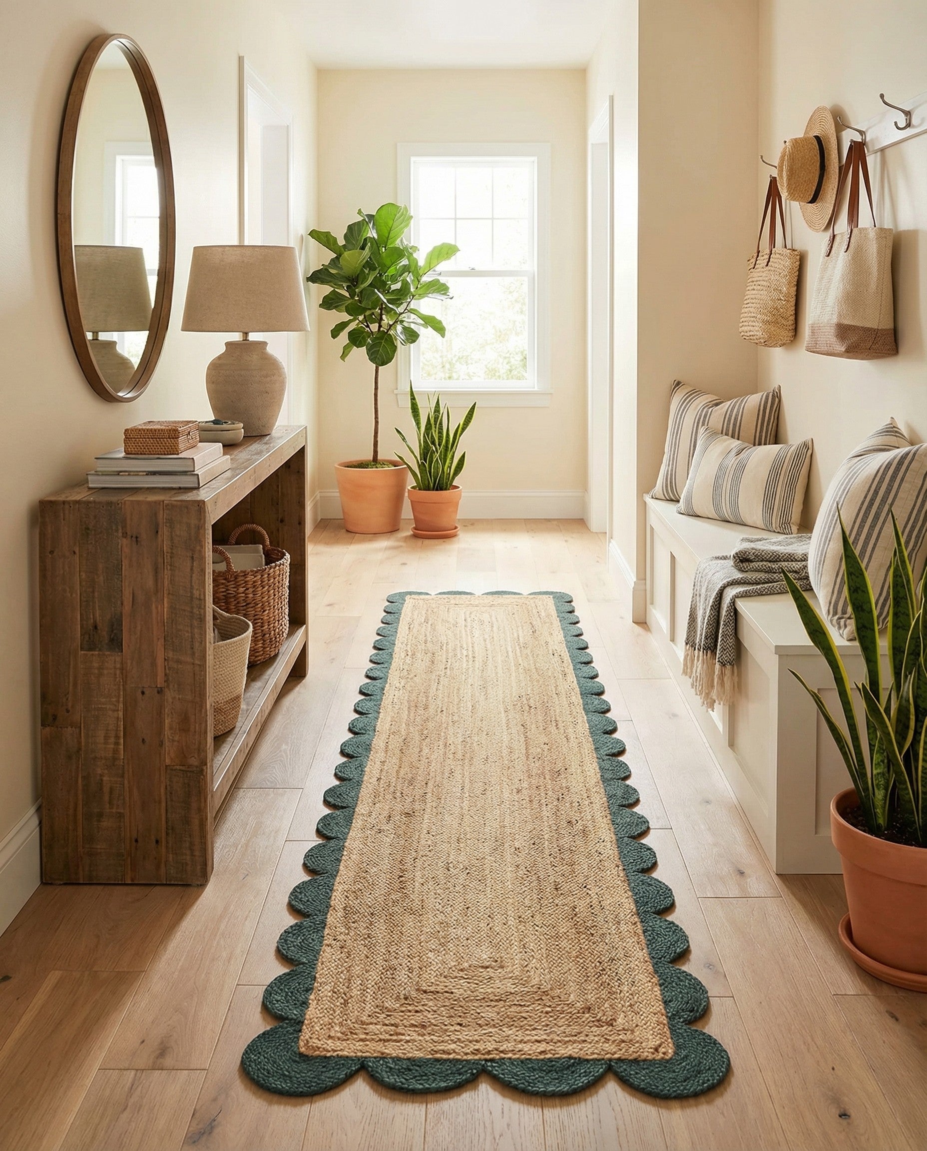 A 12 ft runner rug with a natural brown braided jute center and a dark green scalloped border, perfect for a hallway.