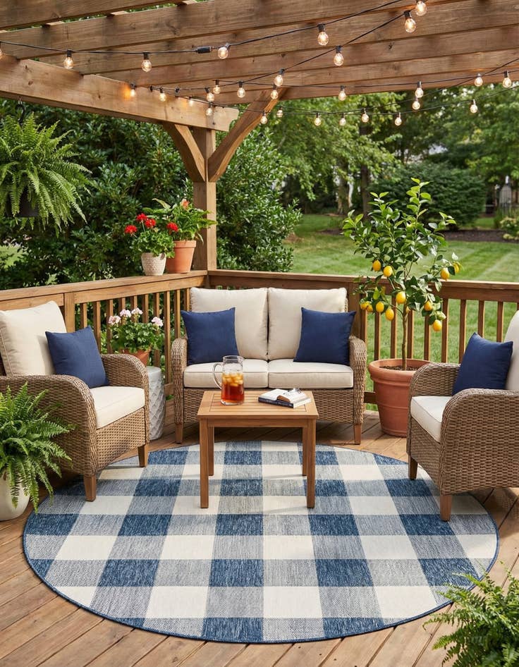 Detail image of 7' 10 x 7' 10 Easy-Clean Checkered Indoor / Outdoor Round Rug
