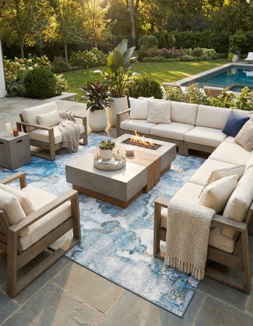 Blue and Ivory Easy-Clean Modern Indoor / Outdoor Rug