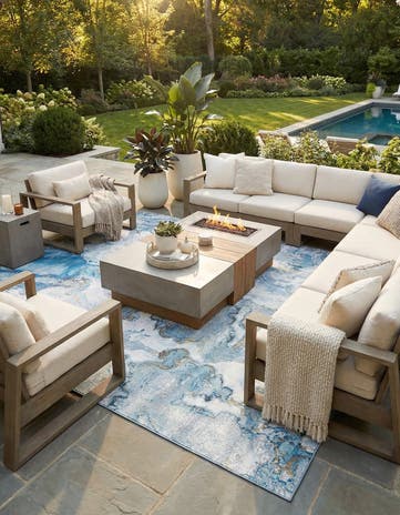 Blue and Ivory Easy-Clean Modern Indoor / Outdoor Rug