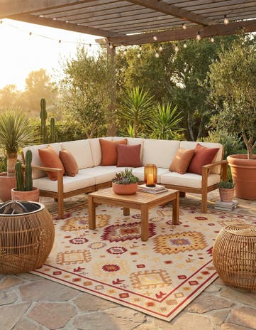 Beige and Rust Red Easy-Clean Baja Indoor / Outdoor Square Rug
