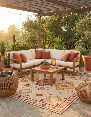 Beige and Rust Red Easy-Clean Baja Indoor / Outdoor Square Rug