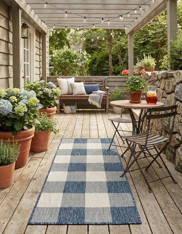 Blue Easy-Clean Checkered Indoor / Outdoor Runner Rug
