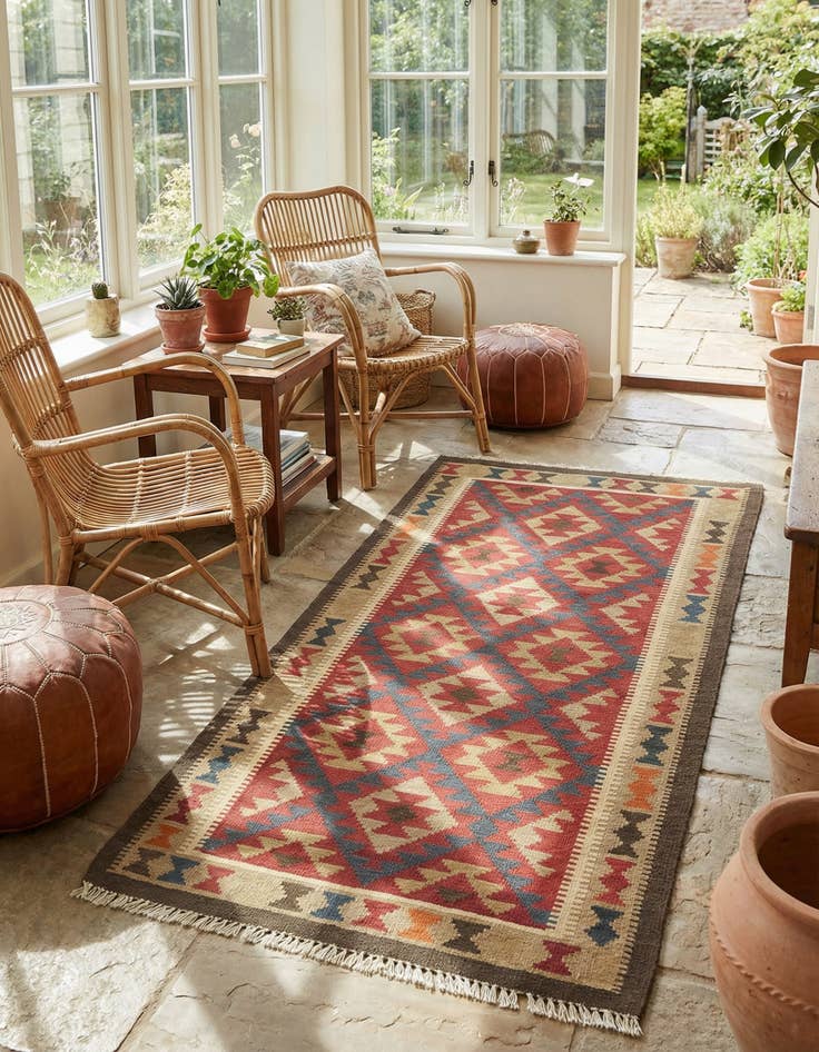 Detail image of 3' 3 x 6' 8  Hand Woven Kilim Maymana Wool Runner Rug