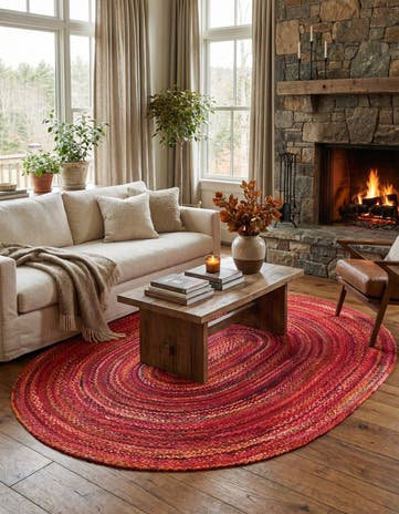 Red Handmade Braided Chindi Oval Rug