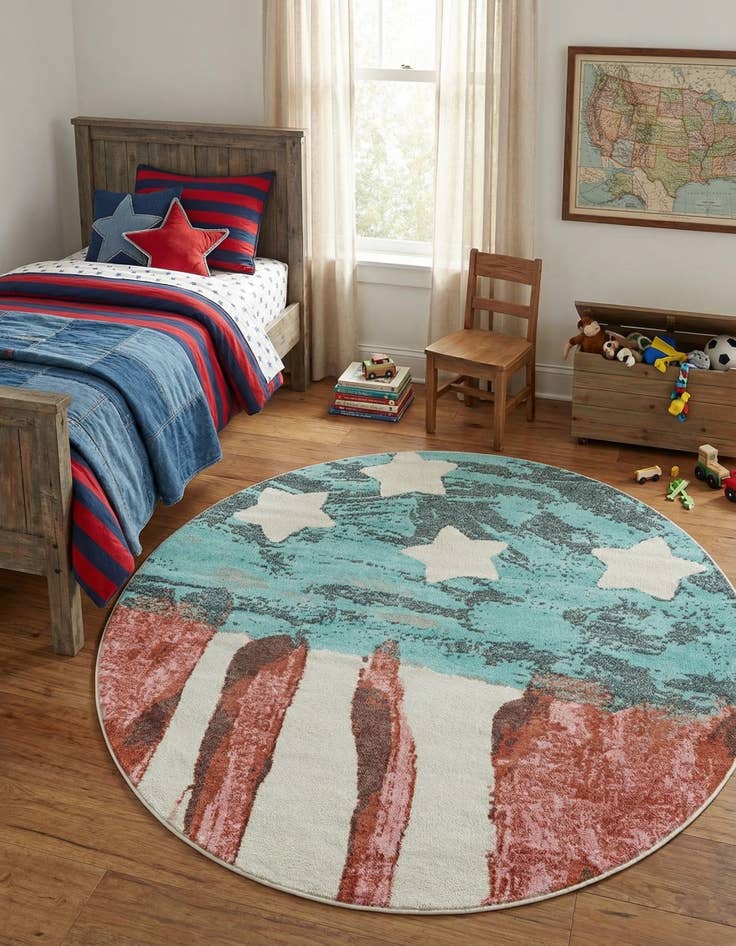 Detail image of 6' 1 x 6' 1 American Flag Whimsy Kids Round Rug